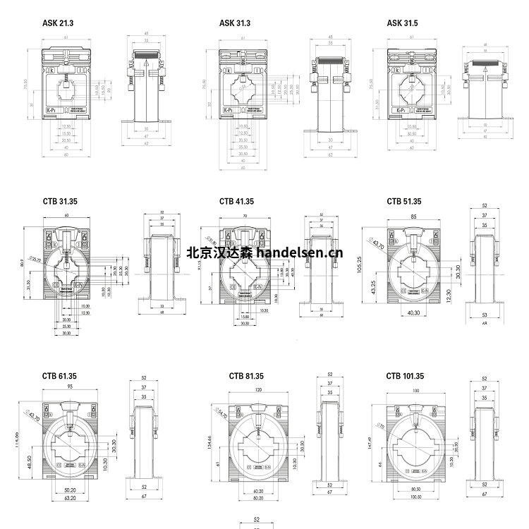 Janitza塑殼電流互感器等級1-5 ASK和CTB尺寸圖